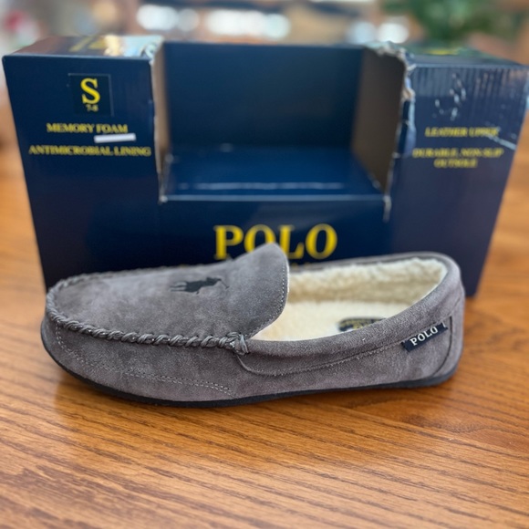 NEW 🩶🖤Polo Ralph Lauren Memory Foam leather upper Slippers Unisex size 7/8 Men - Picture 1 of 5
